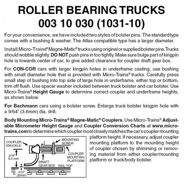 Micro Trains 00310030 (1031-10)   N Roller Bearing Trucks w/o couplers (10 pr)