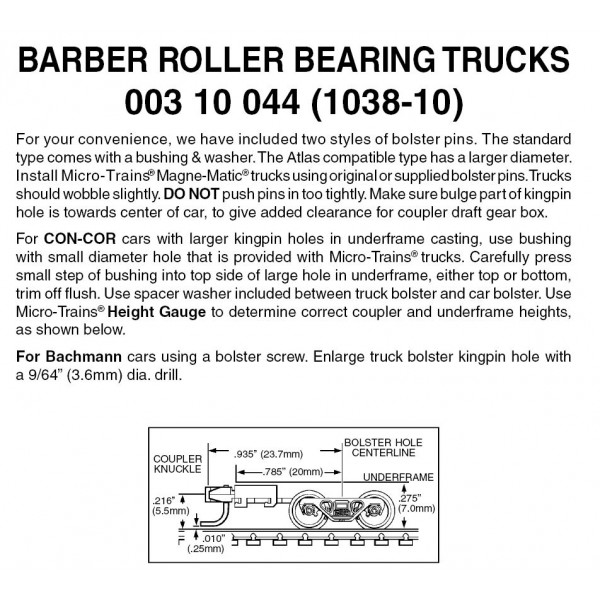Micro Trains 00310044 (1038-10)   N Barber Roller Bearing Trucks w/ long ext. couplers (10 pr)