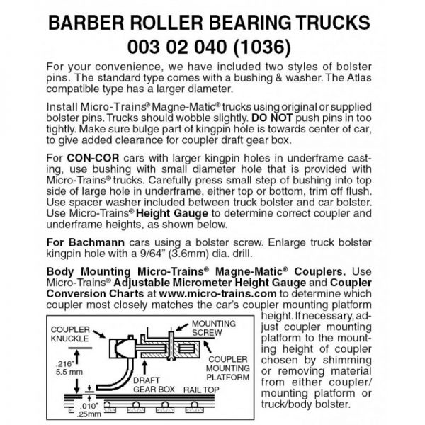 Micro Trains 00302040 (1036)   N Barber Roller Bearing w/o couplers (1 pr)